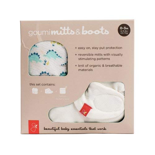 goumikids - Organic Mitts & Booties Bundle, Soft Stay On Scratch Proof Mittens and Adjustable Baby Booties (0-3 Months, Dino)