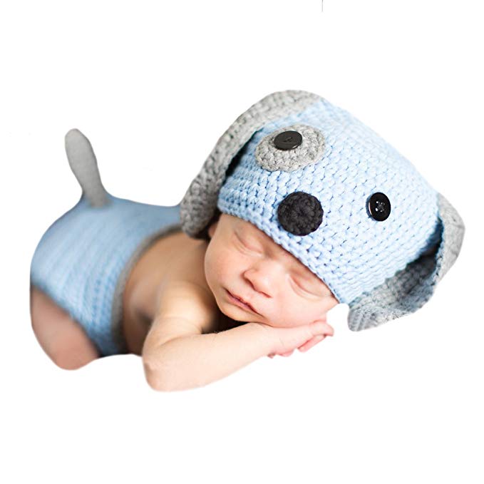 Melondipity Baby Blue and Grey Puppy Dog Hat and Diaper Cover SET for Newborn Boys