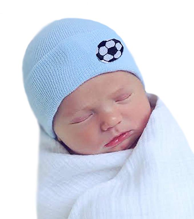 Melondipity's Newborn Boy Soccer Ball Hospital Hat - Blue Nursery Beanie