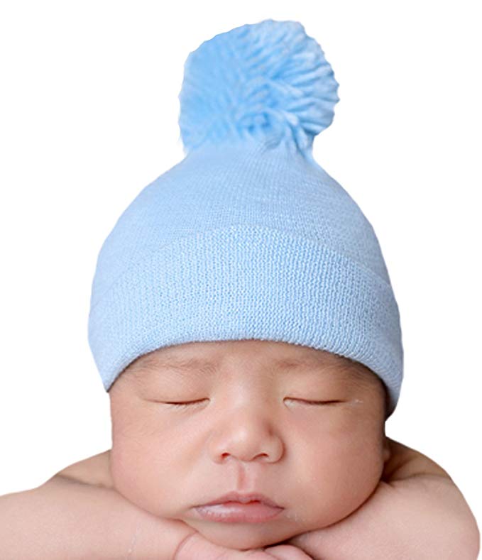 Melondipity's Blue Pom Pom Nursery Beanie for Newborn Boys Authentic Hospital Grade