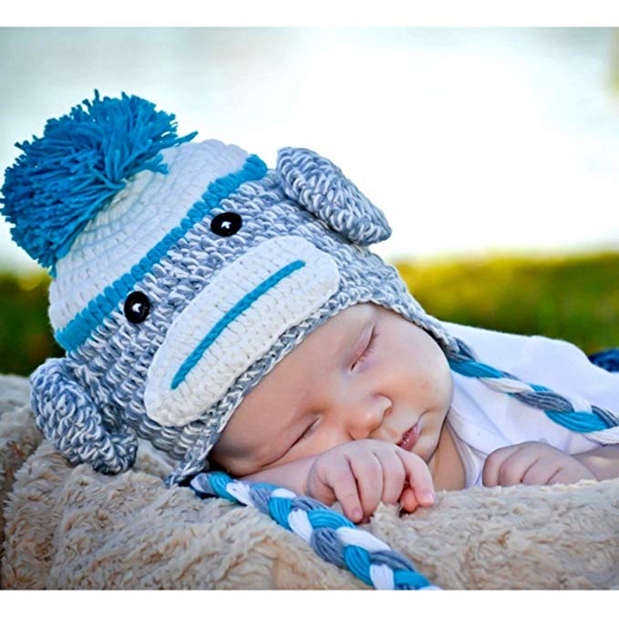 Handmade Crochet Baby blue sock monkey Hat in spring color 0-3 months
