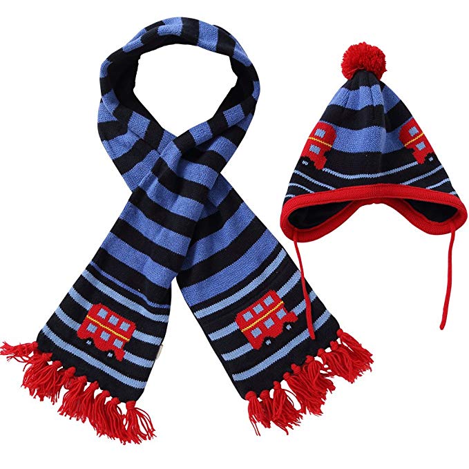 E.mirreh Strip Car Pattern Baby Toddler Warm Winter Earflap Hat and Scarf Set Boy