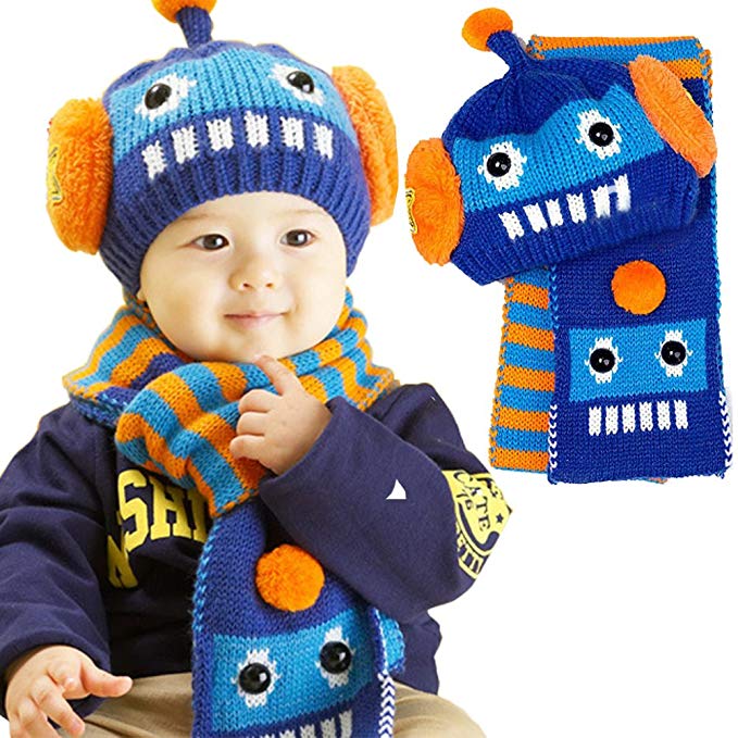 O.RIYA Baby Girls Boys hats scarf Children winter cap Robot baby hats scarves(2set)