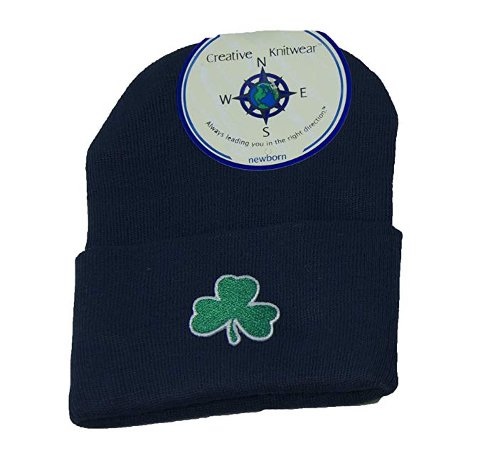Biddy Murphy Irish Baby Gifts Knit Cap Soft Cotton Blend Newborn Navy & Green Shamrock