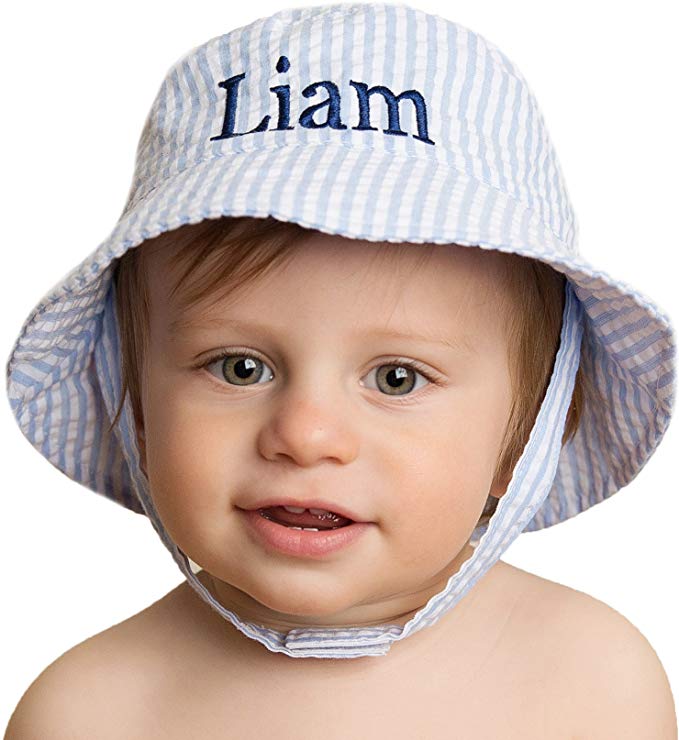 Melondipity Blue & White Seersucker Personalized Baby & Toddler Sun Hat