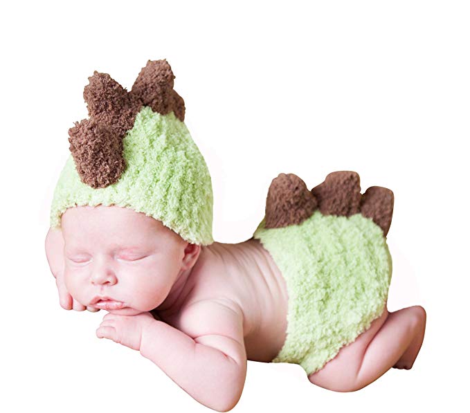 Melondipity Baby Boy Dinosaur Hat, Diaper Cover Set - Handmade Green Beanie (Newborn)