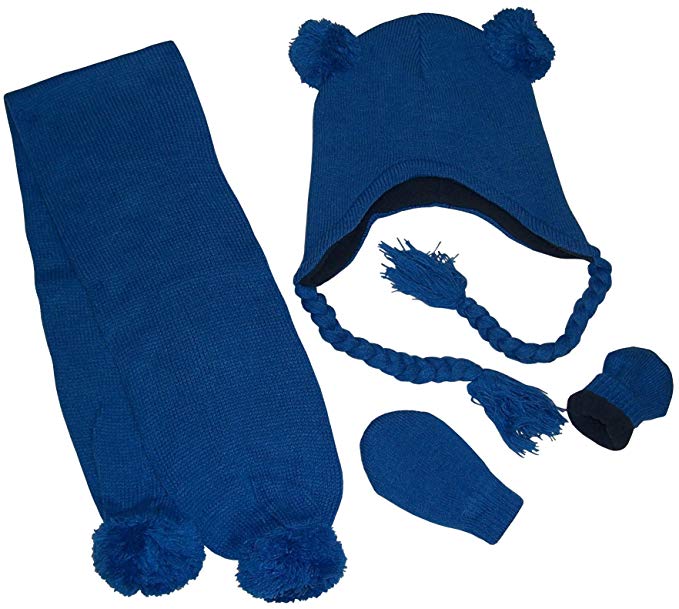 N'Ice Caps Baby Unisex Fleece Lined Knitted Hat/Scarf/Mitten Set with Poms