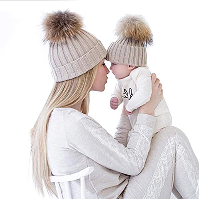 oenbopo 2PCS Parent-Child Hat Warmer, Mother & Baby Daughter/Son Winter Warm Knit Hat Family Crochet Beanie Ski Cap