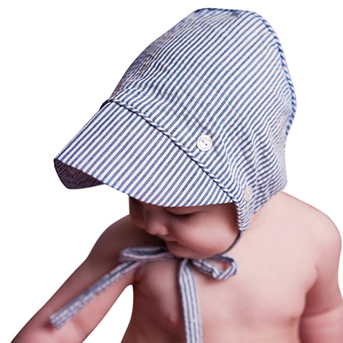 Huggalugs Baby Boys Classic Seersucker Bonnet in 3 Color Choices (Newborn, Navy)