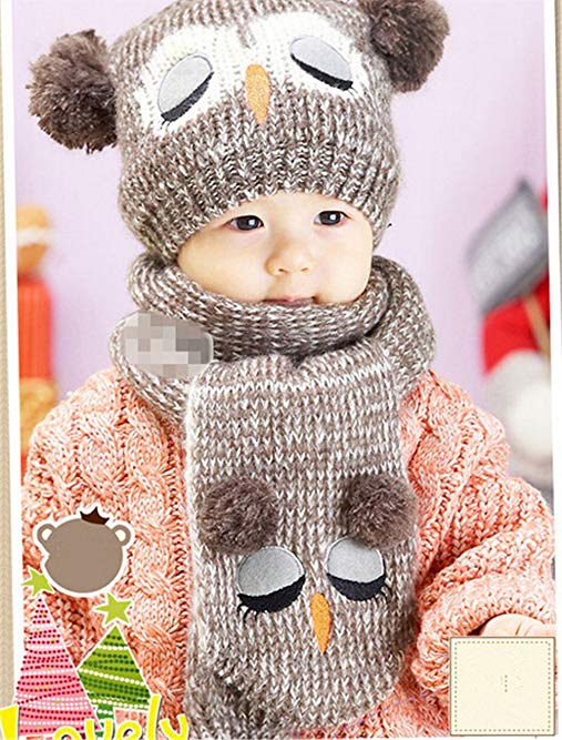 Winter Warm Baby Boys Wool Hat/Scarf Set Knitted Hat Scarf/Bib Set Blue Owl