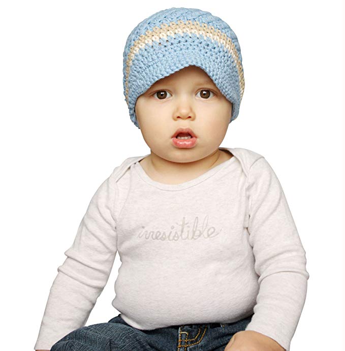 Melondipity Little Boy Visor Beanie Crochet Baby Hat - Blue Brown Stripes