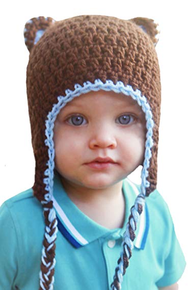 Melondipity's Baby Boy Bear Hat Blue Brown with Braids Handmade Crochet Beanie
