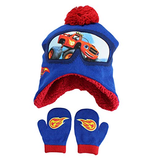 BLAZE Boys Winter Hat and Mittens Nickelodeon Monster Truck Blue Toddler 2T-4T