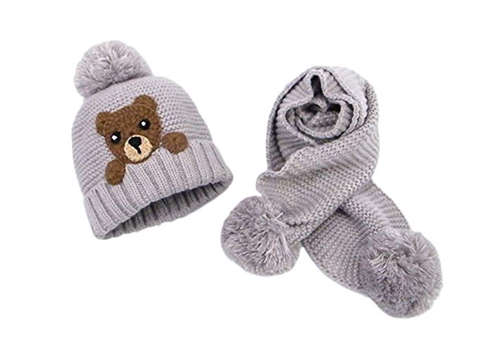 Baby Girls Boys Bear Beanie Knit with Pom Pom Soft Winter Warm Hat and Scarf Set