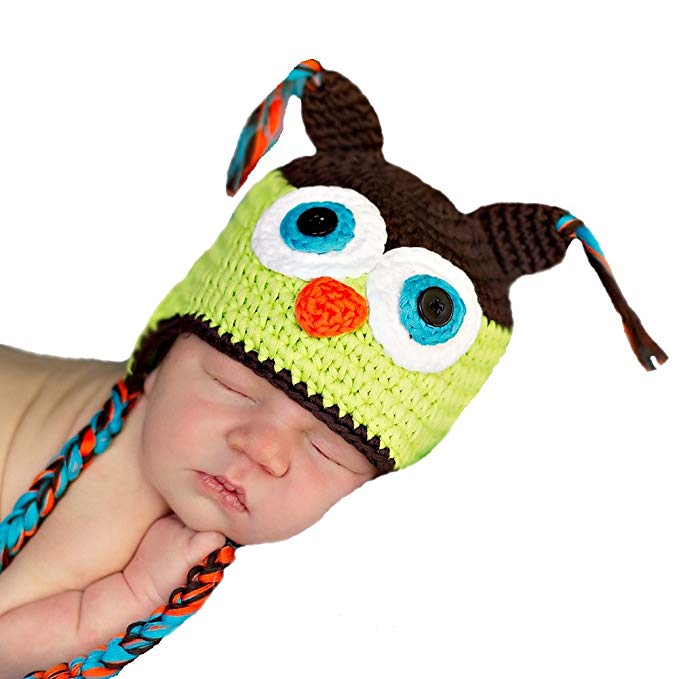 Melondipity Boys Crochet Owl Newborn Baby Hat - Soft Brown, Green Infant Beanie