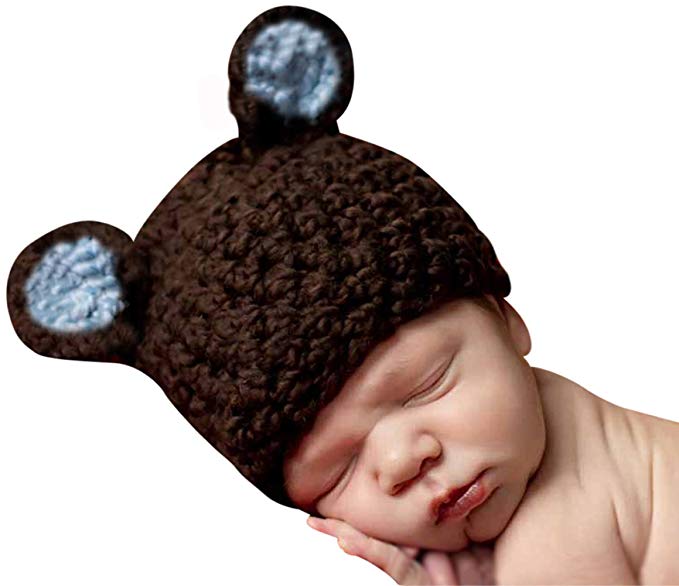 Melondipity Boys Organic Brown & Blue Chunky Sugar Bear Crochet Beanie Baby Hat