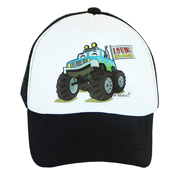 JP DOoDLES Monster Truck on Kids Trucker Hat. Available in Baby, Toddler, and Youth Sizes.