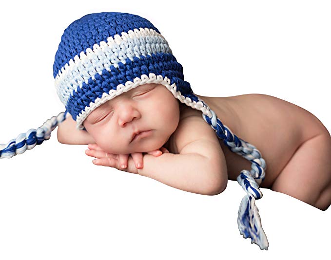 Melondipity Boys Baby Blue & White Striped Beanie Crochet Knit Hat with Braids