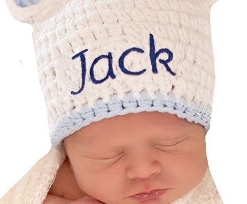 Melondipity Personalized WHITE Sugar Bear baby hat with blue trim Review