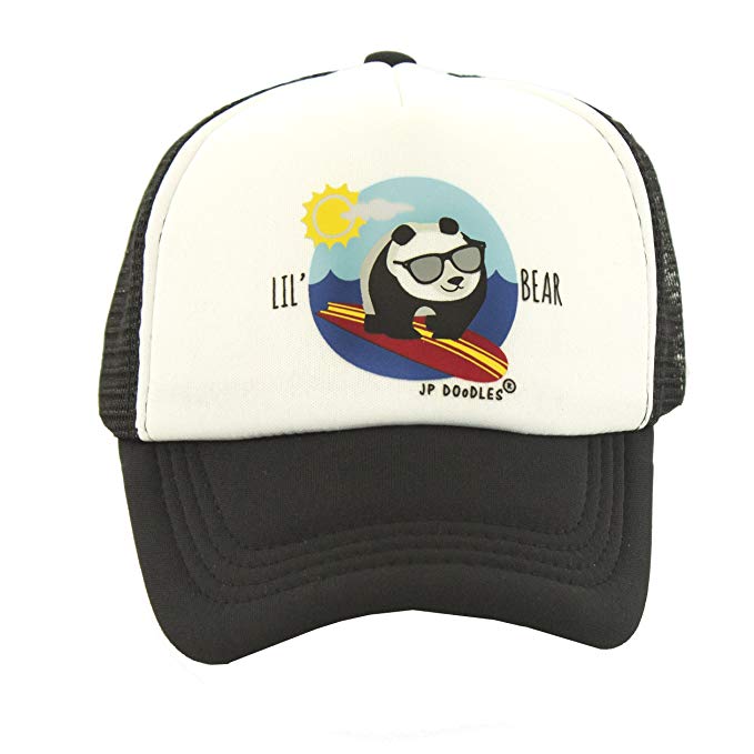JP DOoDLES Little Surfer Panda Bear Boy on Kids Trucker Hat. Available in Baby, Toddler, and Youth Sizes.