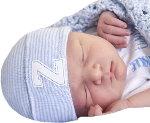 Melondipity’s Newborn Boy Blue & White Striped Hospital Hat with White Flocked Collegiate Letter Inital Review