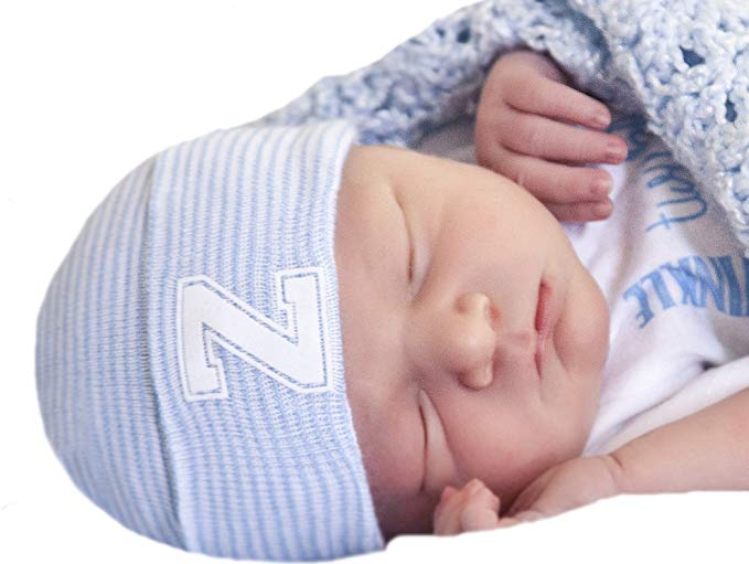 Melondipity's Newborn Boy Blue & White Striped Hospital Hat with White Flocked Collegiate Letter Inital