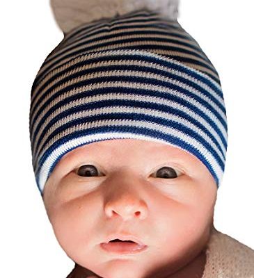 Navy and White Striped with White Pom Pom Newborn Boy Beanie Hat Review