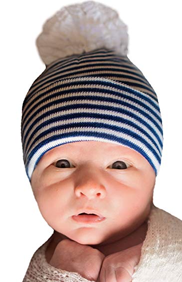 Navy and White Striped with White Pom Pom Newborn Boy Beanie Hat