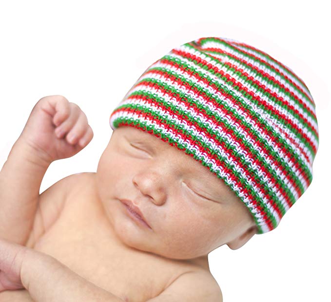 Melondipity St Nick Newborn Hospital Cap Baby Hat - Striped Christmas Beanie
